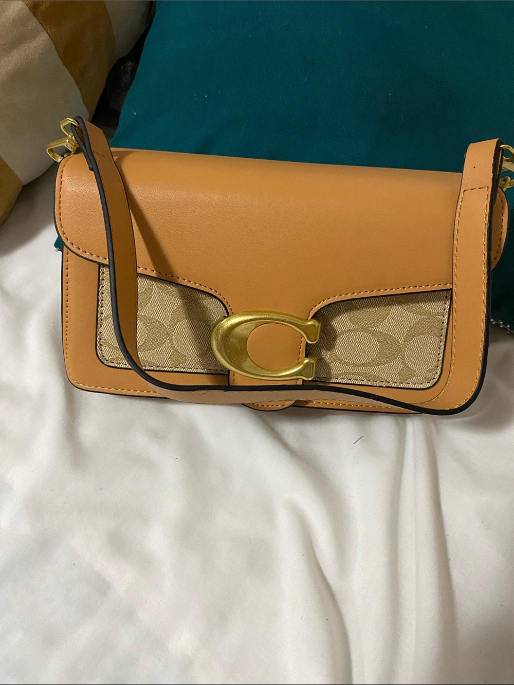 Coach Tan Leather and Signature Canvas Crossbody with Gold Turnlock